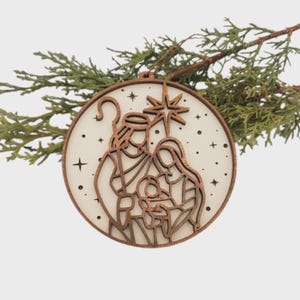 Layered Wood Nativity Ornament | Christian Christmas Decor White bck wood frnt