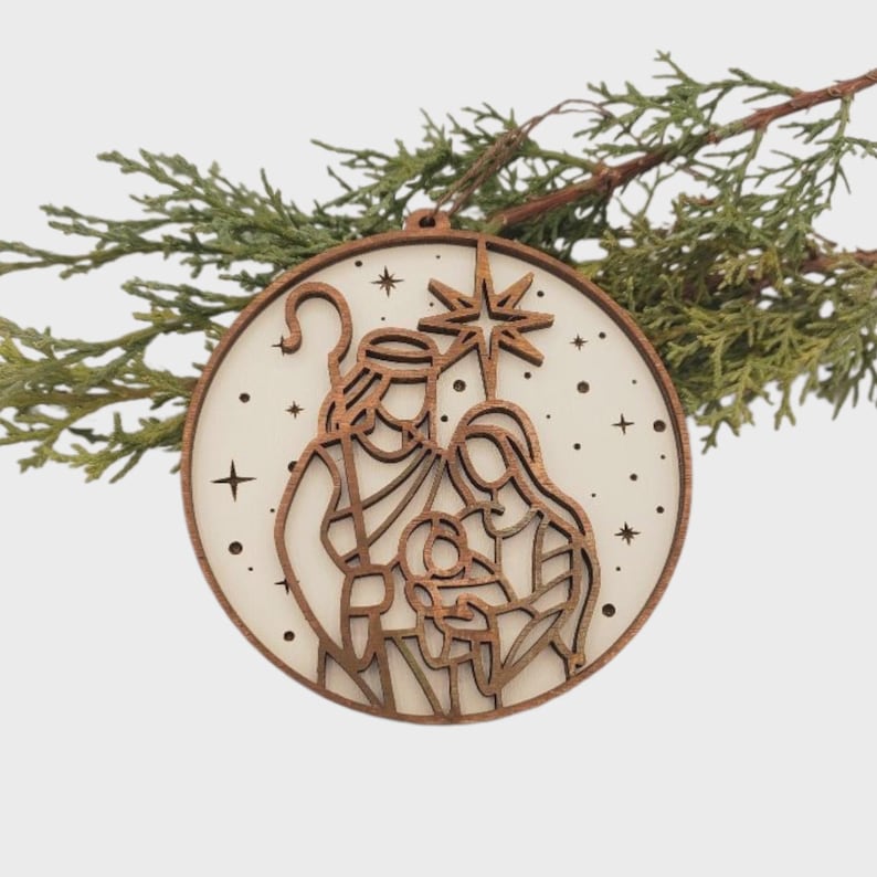 Layered Wood Nativity Ornament | Christian Christmas Decor White bck wood frnt