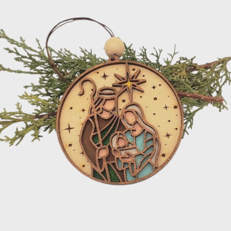 Layered Wood Nativity Ornament | Christian Christmas Decor Colored bck wood fnt