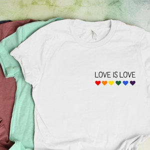 May include: White t-shirt with the text "LOVE IS LOVE" and a row of rainbow hearts.