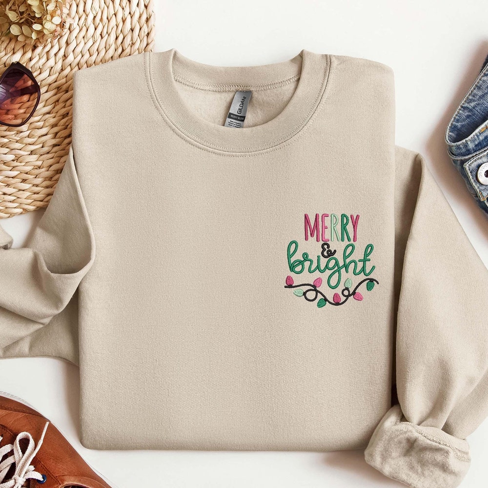 Merry Christmas Tee Embroidered Merry And Bright Christmas Sweatshirt, Embroidered Christmas Shirt, Believe Christmas Tee, Merry Christmas, Merry And Bright Christmas Sweatshirt