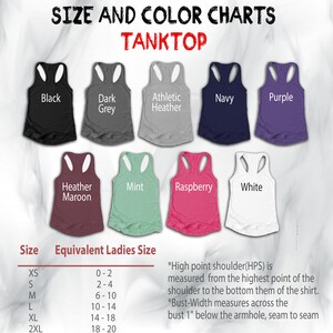 May include: Size and color chart for tank tops. The chart shows the different colors available, including black, dark grey, athletic heather, navy, purple, heather maroon, mint, raspberry, and white. The chart also shows the equivalent ladies' size for each tank top size, from XS to 2XL.