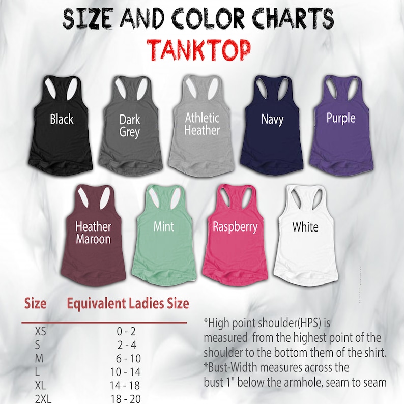 May include: Size and color chart for tank tops. The chart shows the different colors available, including black, dark grey, athletic heather, navy, purple, heather maroon, mint, raspberry, and white. The chart also shows the equivalent ladies' size for each tank top size, from XS to 2XL.