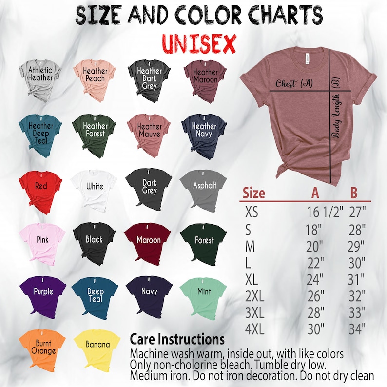 May include: Size and color chart for unisex t-shirts. The chart shows 16 different colors and the corresponding size chart with measurements in inches for chest and body length. The chart includes sizes XS, S, M, L, XL, 2XL, 3XL, and 4XL.