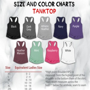 May include: A tank top colour chart displaying options such as black, grey, and purple. The image includes a size guide with equivalent ladies' sizes, from XS to 2XL. The text explains how to measure the garment, with measurements in inches.
