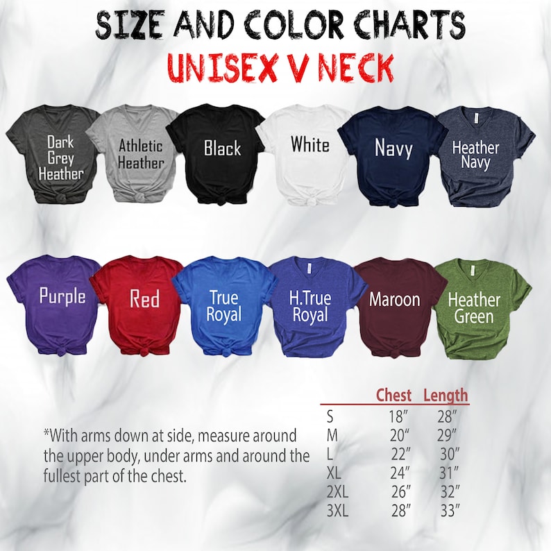 May include: A colour chart for Unisex V-neck t-shirts, showing colours such as black, white, and navy. The chart includes size measurements for chest and length in inches, ranging from S to 3XL. Text at the top reads "SIZE AND COLOR CHARTS".