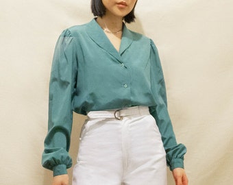 Vintage 80's HALSTON Satin Button Up Shirt | Aqua | S/M | Top | Designer | Blouse | Blue Green | Classic | Minimalist | Long sleeve