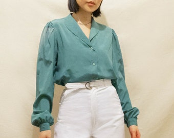 Vintage 80s HALSTON Aqua Satin Blouse - Size S/M