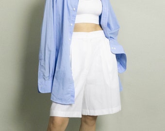 Vintage Slubby Textured Bermuda Short | White | S | 28W | Double Pleated |High Waisted |  Shorts