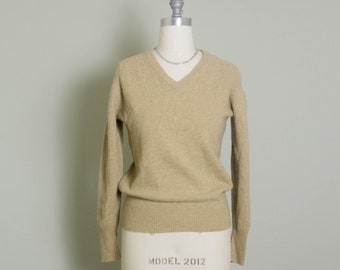 Vintage Wool V- Neck Sweater | Warm Beige/ Tan | S | Lambs wool