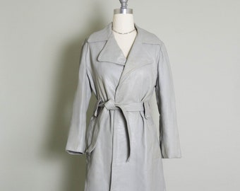 Vintage GENUINE LEATHER Duster Trench Coat | S | Light Gray | Grey | Long Midi Length Coat | Single Breasted | 90's | Minimalist | Y2K