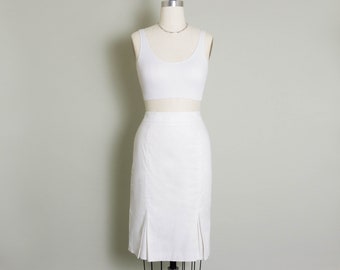 Vintage 90's Pleated Skirt | 32W | Ivory | White | Knee Length | Pencil | Short Skirt | Cotton | Y2K