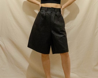 Vintage GENUINE Leather Bermuda Short | Black | 32W | Black | Knee Length | High Waist | High Waisted | Pleated | Minimalist