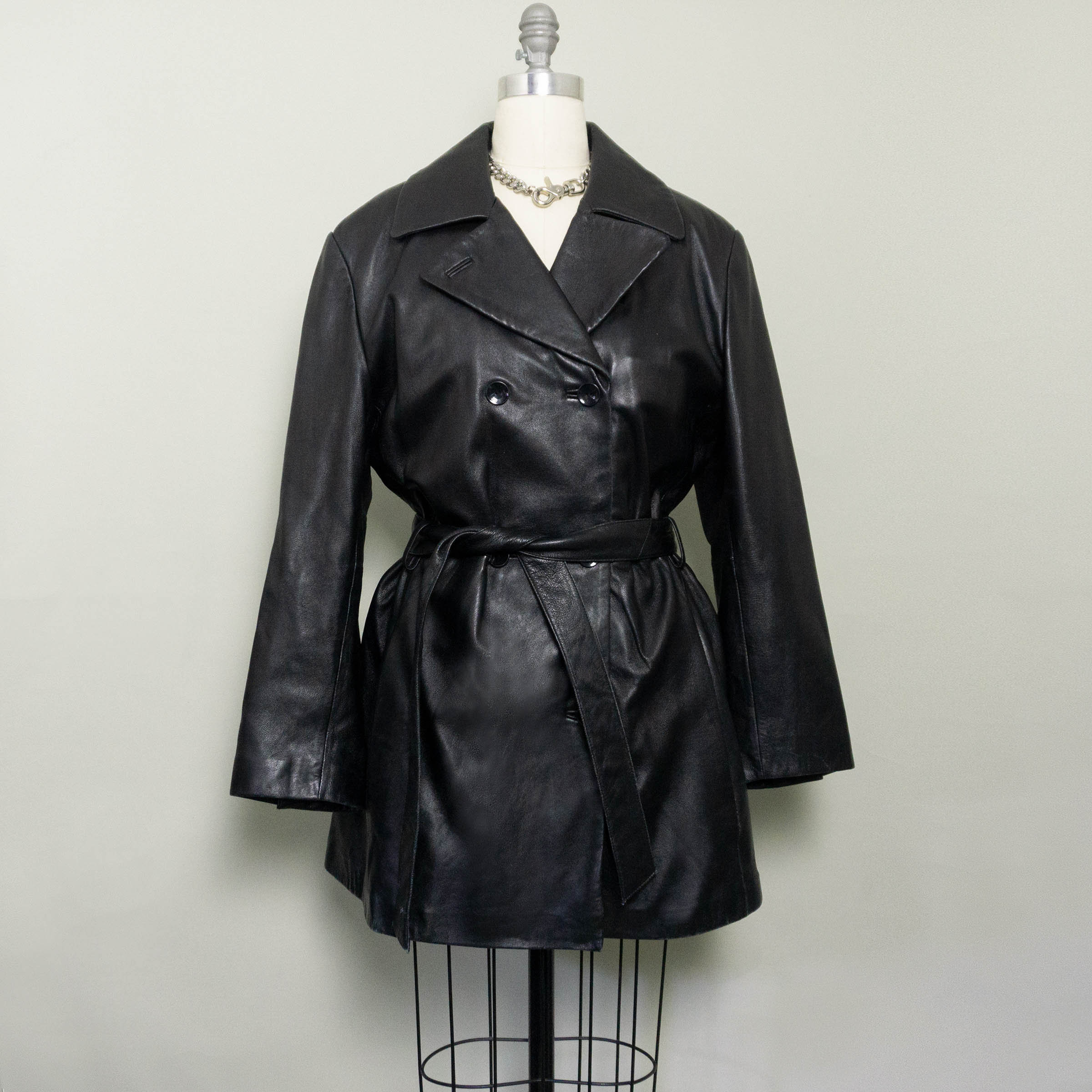 Belted leather coat top
