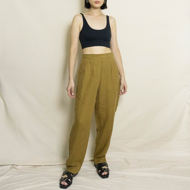Vintage Linen Pant Burnt Ochre US 4 Tapered Straight Legged High Waisted Trousers Pants Brown Mustard zdjęcie 1