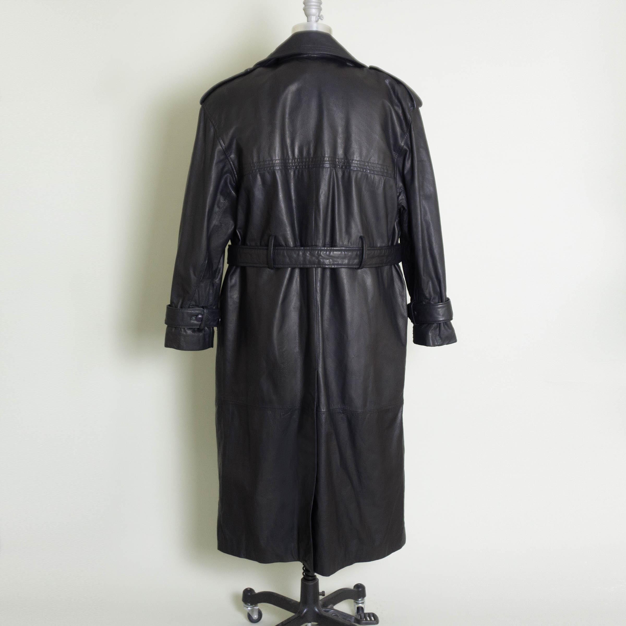 ジャケット・アウター vintage real leather trench coat Vintage Genuine Leather Trench Coat: Black Belted Long Coat, S/M/L