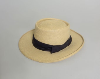 Vintage Brimmed Hat | Natural / Black Trim | Gros Grain Ribbon | Sun Hat | Spring | Summer | Beach | Cottagecore | Palm Leaves | Straw