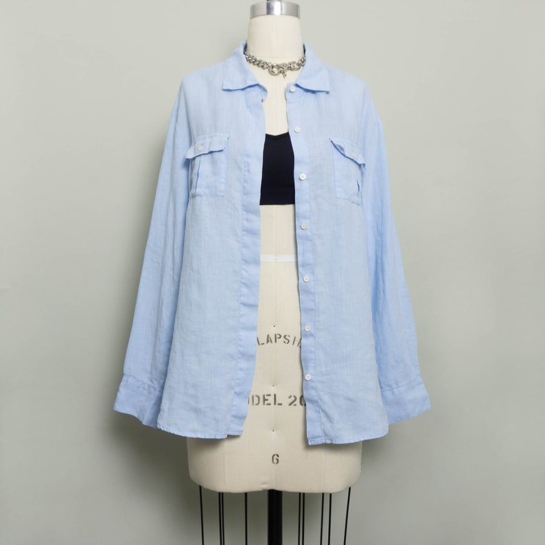 Linen Frayed Button Up in Blue