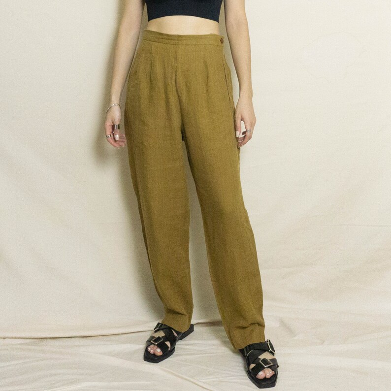 Vintage Linen Pant Burnt Ochre US 4 Tapered Straight Legged High Waisted Trousers Pants Brown Mustard imagem 4