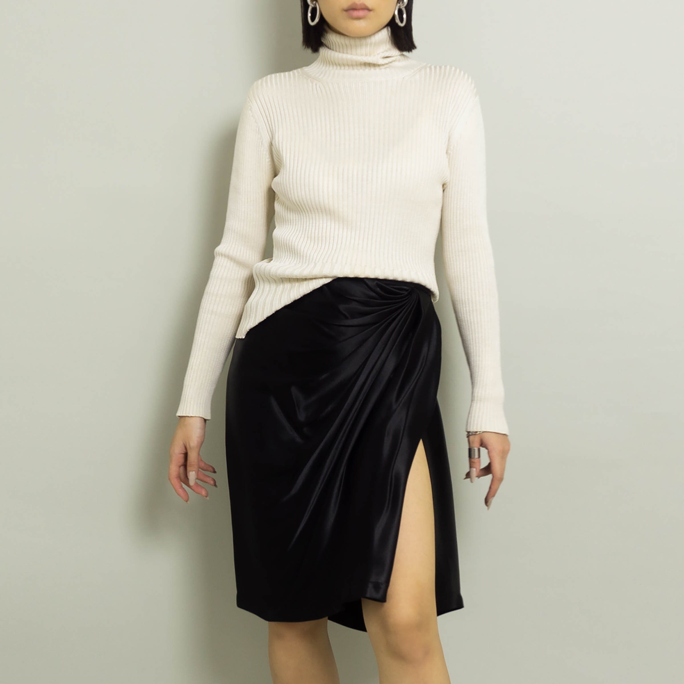 【関税込み】saint laurent Satin skirt 1980's Yves Saint Laurent Satin Draped Wrap Skirt | Black