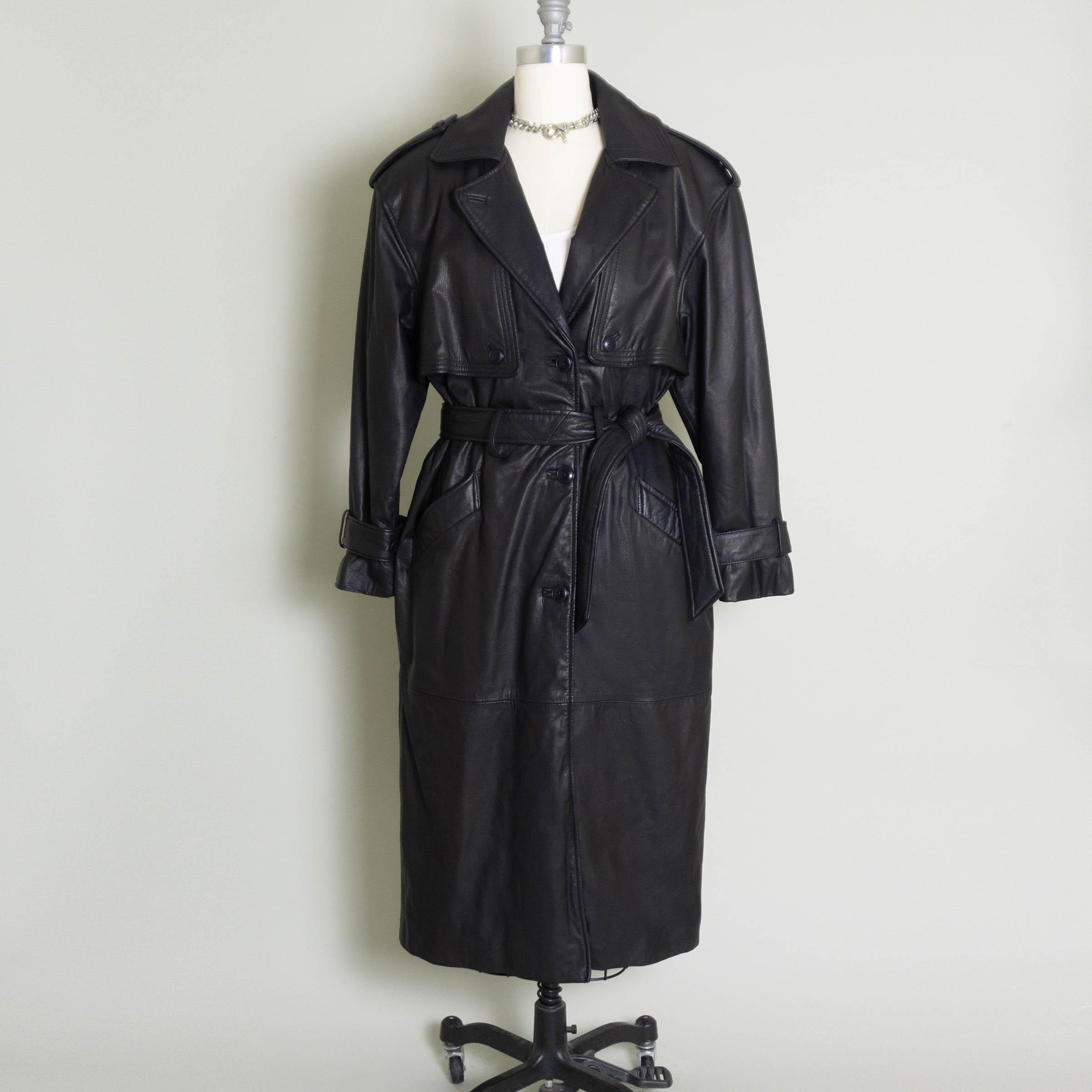 ジャケット・アウター vintage real leather long chester coat Vintage Genuine Leather Trench Coat: Black Belted Long Coat, S/M/L