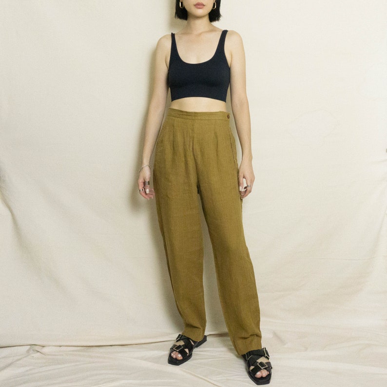 Vintage Linen Pant Burnt Ochre US 4 Tapered Straight Legged High Waisted Trousers Pants Brown Mustard zdjęcie 3