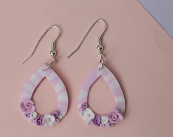 Rose polymer clay drop earrings cute handmade jewelry floral flower pink woman gift special unique stylish colorful evening earrings