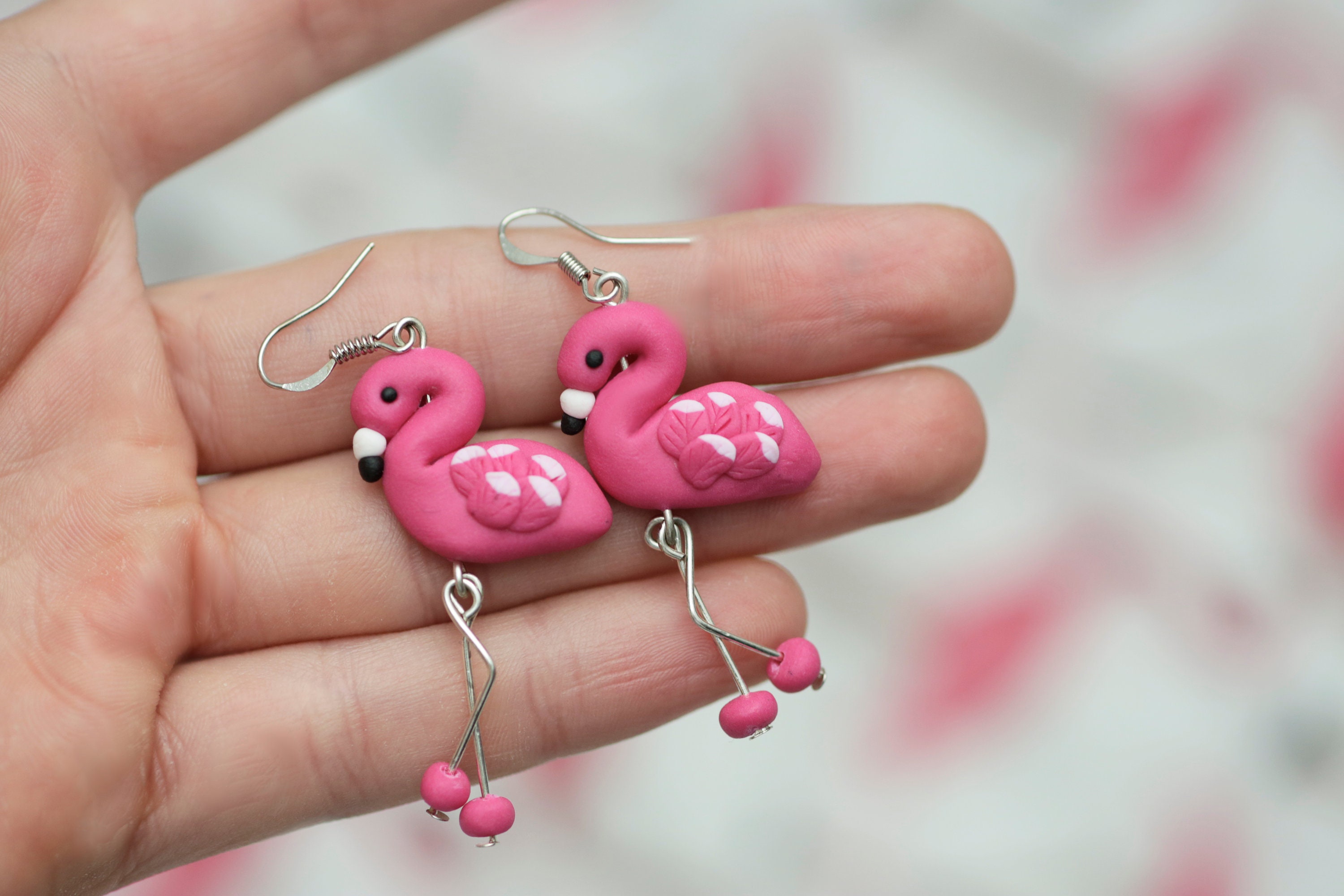 Flamingo Earrings Drop Polymer Clay Handmade Jewelry Cute Pink Woman Gift Special Unique Animal