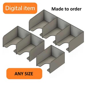 May include: A set of five grey, open-top storage bins with curved front cutouts, arranged in a staggered formation. The image includes the text Digital item, Made to order, and ANY SIZE in orange and black boxes, indicating a custom product.