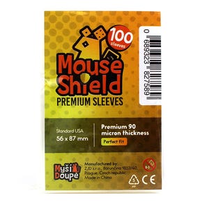 May include: A package of Mouse Shield Premium Sleeves for card games. The package is yellow and features the brand name and logo, with text indicating 100 sleeves, 56 x 87 mm size, and 90-micron thickness.