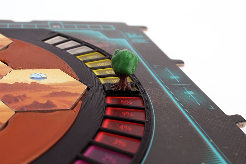 May include: A close-up of a board game with a green tree token on a black track with red and yellow percentage markers. The track is labeled with percentages from 3% to 11%.