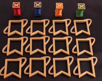 May include: A set of 12 gold-colored plastic game pieces, each shaped like a banner with a ring around it. There are four small square game pieces with a sword symbol on them, in red, blue, orange, and green.