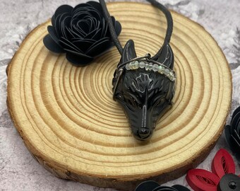 Zwarte Agaat Wolf ketting, gotische verjaardagscadeau, voor hondenliefhebber, voor vrouw, donkere cottagecore sieraden, whimsigoth ketting, grunge fairycore