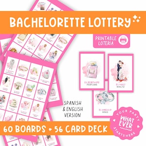 Bachelorette Party Lottery, Bachelorette Party Loteria, Bachelorette Party Lottery, 90 Boards, 56 Cards, Printable, English and Spanish