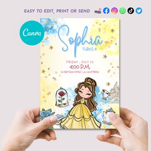 Uitnodiging voor een verjaardag van Prinses Belle (Belle en het Beest), bewerkbare sjabloon voor Belle, verjaardagsfeestje voor Belle, uitnodiging voor Belle Canva, downloaden