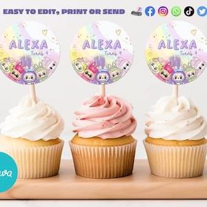 Étiquettes pour cupcakes Labubu, modèle modifiable Labubu, fête d'anniversaire Labubu, décorations Canva Labubu, téléchargement instantané