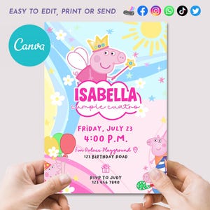 Peppa Pig verjaardagsuitnodiging, Peppa Pig bewerkbare sjabloon, Peppa Pig verjaardagsfeestje, Peppa Pig Canva-uitnodiging, direct te downloaden
