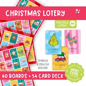 Loterie de Noël, Loteria Navideña, Bingo de Noël, Navidad, 40 tableaux, 48 cartes, loterie PDF imprimable, Bingo, anglais et espagnol
