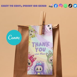Etiquetas de agradecimento Labubu, modelo editável Labubu, festa de aniversário Labubu, agradecimento Labubu Canva, download instantâneo para impressão