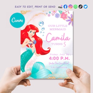Ariel Birthday Invitation, Little Mermaid Editable Template, Little Mermaid Birthday Party, Canva Invitation, Instant Download