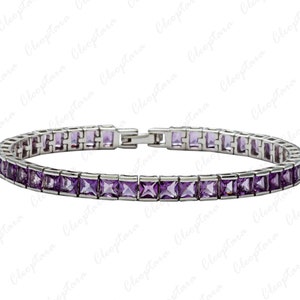 Square cut Amethyst Tennis Bracelet, Minimalist Vintage Chain link Bracelet, Bridal Wedding purple Amethyst Charm Bracelets Gifts for Mother