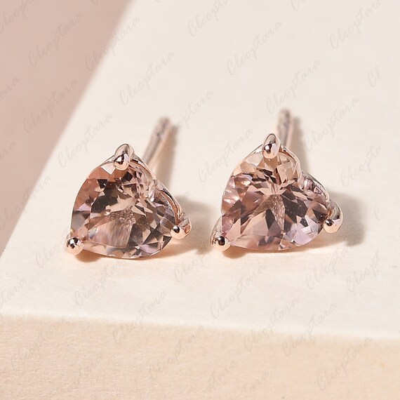 Handmade Heart Shape Morganite Stud Earrings Unique Women Dainty