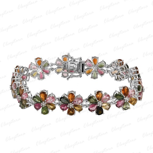Floral Multi Tourmaline Tennis Bracelets, shops Rainbow Tennis Line Chain Bracelet, Umbre Chain Link Flower shape Bracelets gifts for mother Love