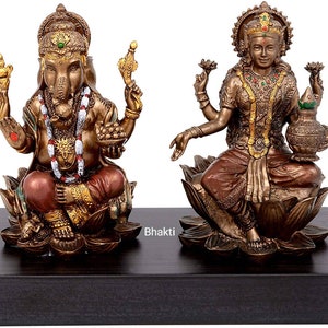 Lakshmi Ganesh Statue, 10 cm small size Bonded Bronze Lakshmi Ganesha Statue on wooden base, Small Laxmi Ganesh Murti for home Temple