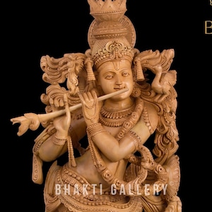 Wooden Krishna Statue Large, 87 cm Big Large Size Wood Lord Krishna Idol, Religious Home office Entrance Decor, Wooden Krishna Sculpture