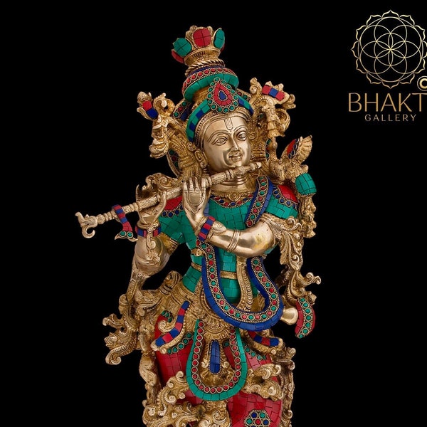 Brass Krishna Statue with Stonework, Big Large Size Brass Lord Krishna Idol, Krishn, Gopal Krishna, Hindu Marriage Anniversary gift.