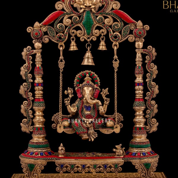 Brass Swinging Ganesha Statue Large, Big size Brass Ganesh Statue on Swing with Stonework, Brass Swinging Ganesh, Brass Jhula Ganesha.