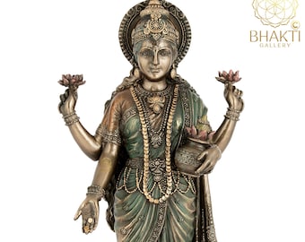 Standing Lakshmi Statue, 26 cm Big Bonded Bronze Goddess Laxmi Idol, Hindu goddess of Money, wealth, Abundance, fortune & prosperity.