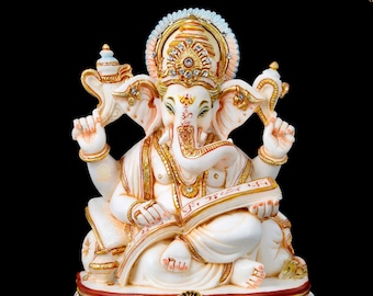 Cultured Marble Writing Ganesha Statue, 20 cm Hand Painted Cultured Marble Lord Ganesha Idol, Vinayak, Ganapati, Elephant God Statue