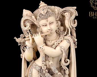 Dust Marble Krishna Statue, 29 cm Antique Finish Lord Krishna Idol Playing Flute, White Krishna Murti, Shree Krishn Morti, Krishna Idol